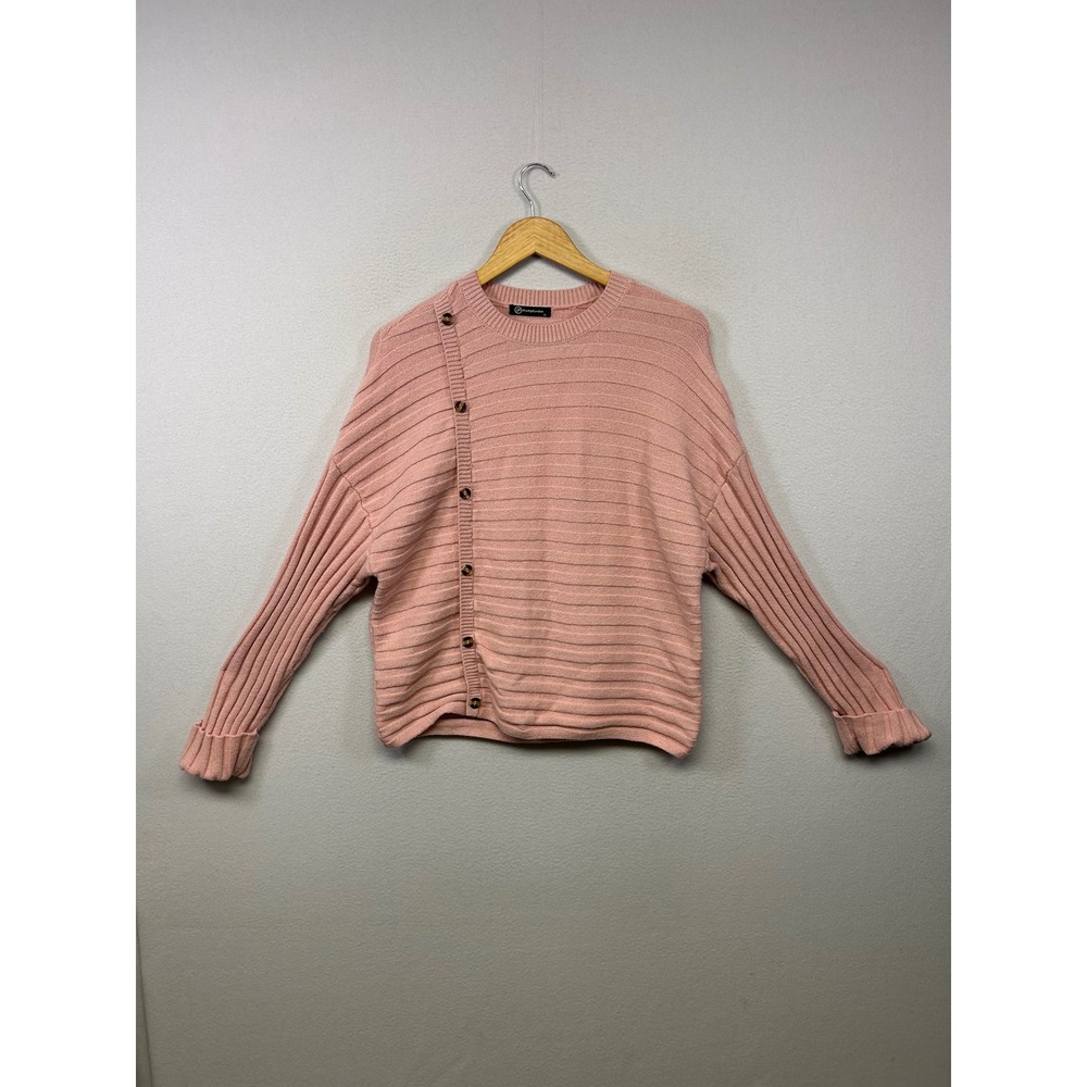 PrettyGarden Coquette Soft Girl Women XL Pink Asymmetrical Button Ribbed Sweater